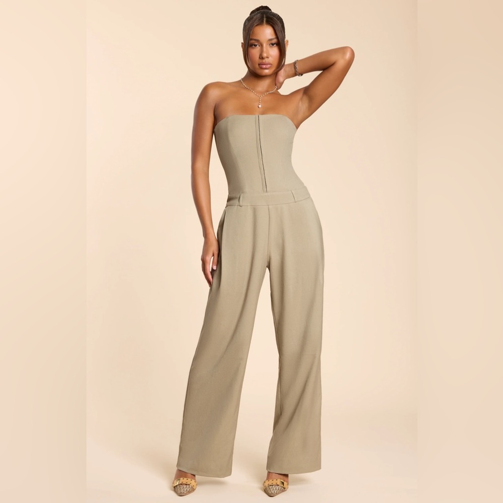Brushed Twill Bandeau Corset Jumpsuit in Taupe